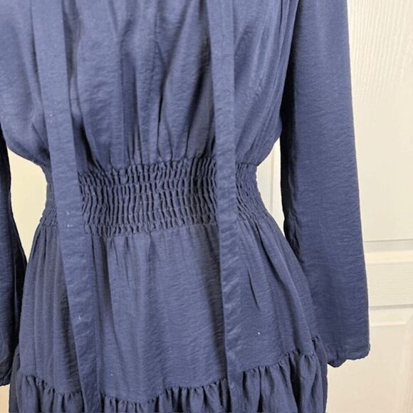 Maje Long Sleeve Mini Dress Navy Blue Tie Front Cinched Waist REPAIR Size Small - Picture 4 of 15